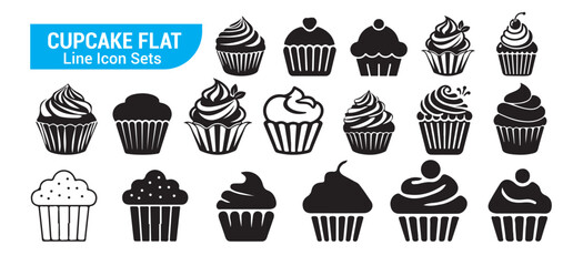 Cupcake flat line icon sets, sweet dessert with cream topping food, muffin decorated with cherry vector