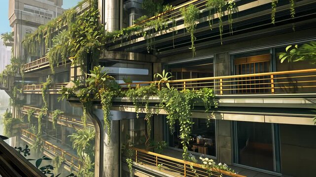 Panning camera revealing terraced facade overrun by vines at courtyard, showing yellow rails