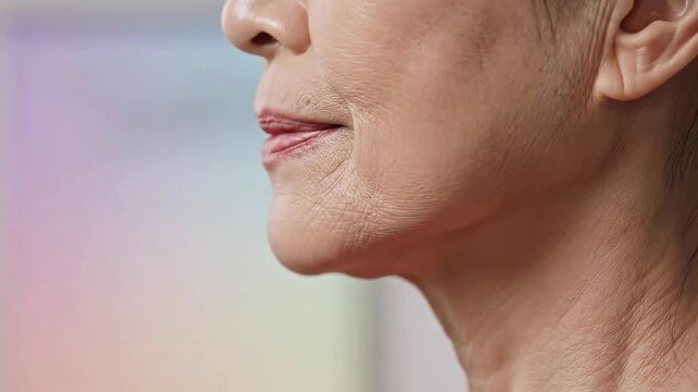 Close up profile of mature woman's face showing aging skin texture with subtle pink and blue gradient background subtle lighting enhancing skin