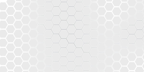 A subtle hexagon pattern background with interconnected shapes in soft gray and white. Simple abstract modern background White geometric hexagonal honeycomb shape texture background 3d copy space.