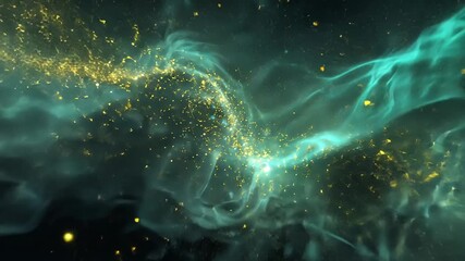 Playback starting, teal ribbon drifting and pulsing across dark void, gold dust for cinema display - Powered by Adobe
