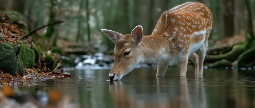 A young deer in a forest consuming water