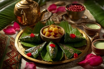 Traditional Indian Festive Food Display with Betel Leaf Snacks Sweets Pomegranate and Rose Petals on Ornate Tray with Banana Leaf Decor