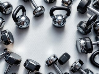 Shiny kettlebells and dumbbells on white background with copy space