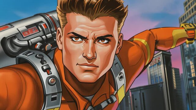 Flying man orange flight suit firing wrist thruster and jetpack approaching camera over city sunset
