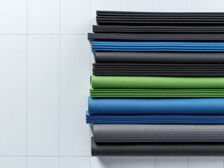 Stack of colorful fabric rolls on white surface