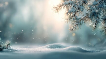 Soft glowing sunlight filters through snow covered trees creating a magical winter wonderland forest scene