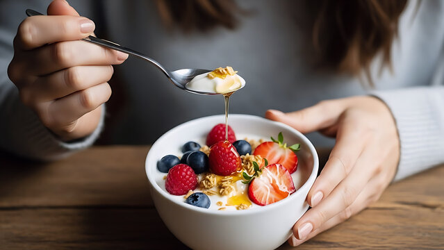 A close-up image of a person holding a bowl of yogurt topped with fresh berries, including strawberries, raspberries, and blueberries, along with crunchy granola and a drizzle of honey. The person is - Powered by Adobe