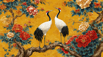 Naklejka premium Two red-crowned cranes perching on a branch with colorful flowers