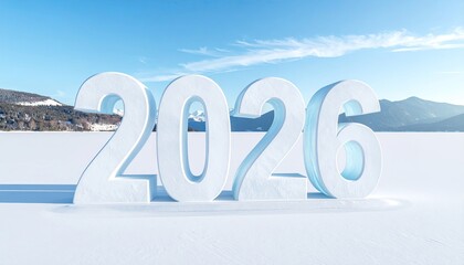 Icy year 2026 on a snowy winter landscape, light blue sky