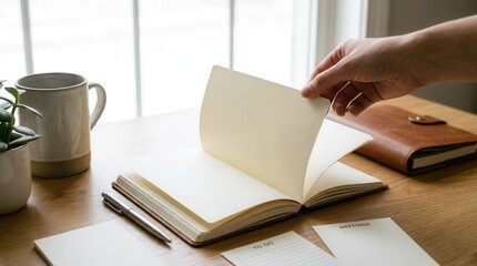 Hand Flipping Blank Page in Open Notebook on Wooden Desk with Mug and Planner for Work