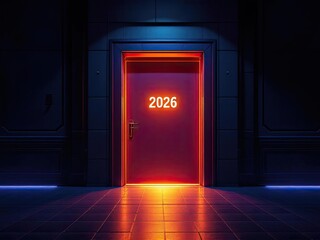 Door glowing in a futuristic dark room with orange light