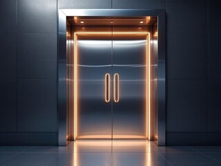 Elevator with illuminated frame against dark metallic wall