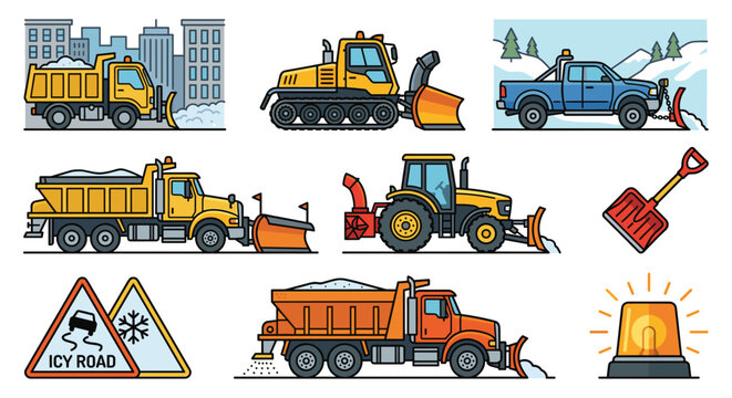 A collection of vector illustrations showing various snow plow, equipment, and winter road warning signs.