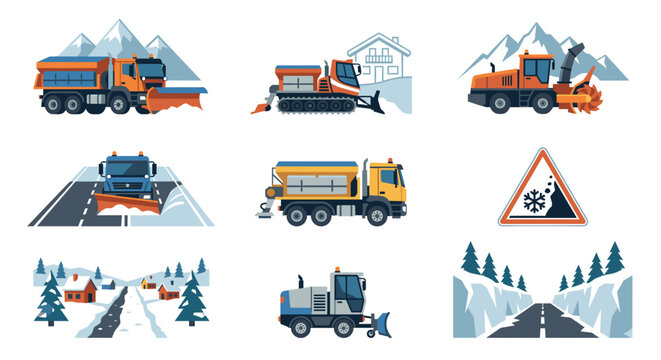 A collection of vector illustrations depicting various snow plows and winter road scenes.