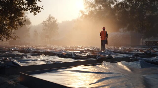 A female engineer inspects curing blankets on freshly poured concrete slabs during mid-morning warmth.