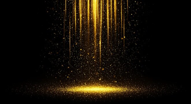 Golden Light Streaks and Falling Glitter on Black Background