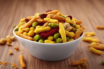 Crunchy Indian Namkeen Mixture in White Bowl with Sev Peas and Lentil Sticks on Rustic Wooden Table for Snack Lovers