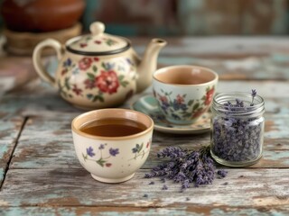 Tea set with lavender on rustic wooden table