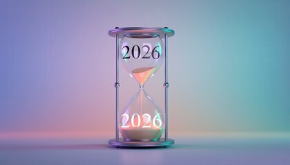 Hourglass counting down to 2026 on colorful gradient background