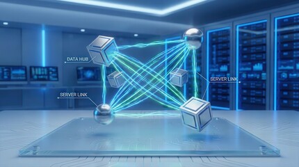 Futuristic Data Network with Interconnected Servers and Glowing Digital Links in a Modern Data