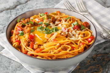 Delicious spaghetti taco with ground beef, green chili, onion, cheese, tomatoes, spices close-up in a plate on the table. Horizontal