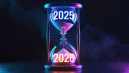 Hourglass with the year 2025 and 2026 in neon light