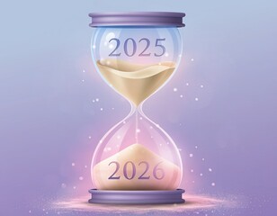 Hourglass with years 2025 and 2026, light and ethereal design