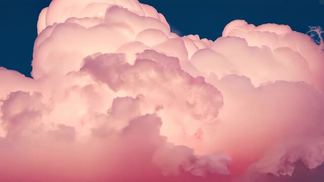Camera zooming, single billowy cloud expanding and filling deep blue sky, revealing pink highlights