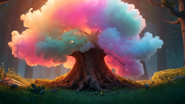 Reacting to inner glow, magical tree swelling pastel canopy in forest clearing, scattering motes