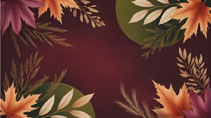 Elegant Autumn Foliage Frame on Rich Burgundy Background with Golden Botanical Accents