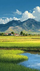 Scenic illustration of fields mountains and a clear sky landscape