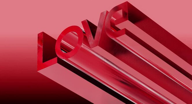 Glassy 3D &ldquo;LOVE&rdquo; letters with slow-moving reflections across fluid red-pink surface. Romantic Valentine&rsquo;s loop blending emotional symbolism, modern texture against the gradient backdrop