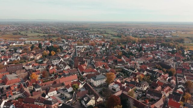 Aerial View of Historic Deidesheim Town Center with Church and Autumn Vineyards in Germany