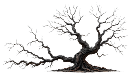 Twisted tree of endurance. Stark symbol of survival, time, unbreakable strength on white background. Old white dead tree branch isolated on transparent PNG