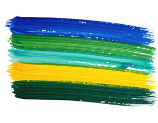 Painted brushstrokes of blue, green, teal, and yellow