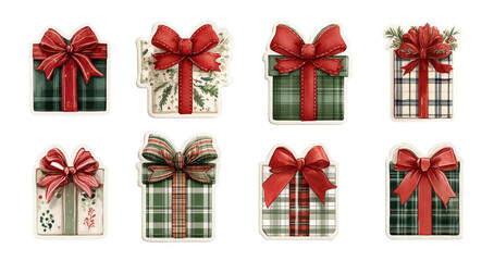 Watercolor Christmas Gift Boxes Stickers Set with Red Bows, Decorative Patterns and Holiday Elements on Transparent Background