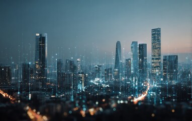 Obraz premium Modern city skyline at night illustrating technology and connectivity