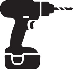 Black silhouette of a cordless power drill with a drill bit