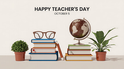 Happy teachers day display featuring books, a globe, glasses, and potted plants, isolated on white background