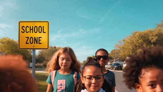 Walking schoolchildren advancing toward camera on suburban street, with school zone sign, backpacks