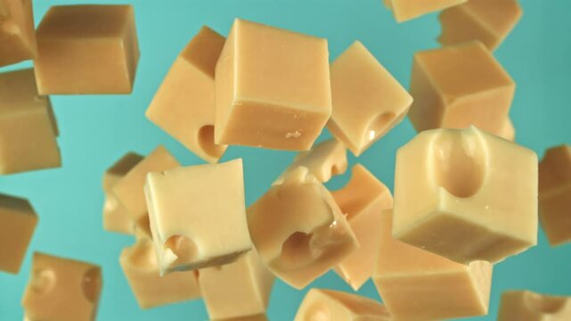 Pieces of maasdam cheese fly upwards on a blue background. Filmed on a high-speed camera at 1000 fps. High quality FullHD footage