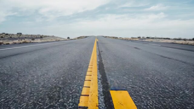 Panning low-angle camera advancing along desert road to reveal double yellow line and paint chips