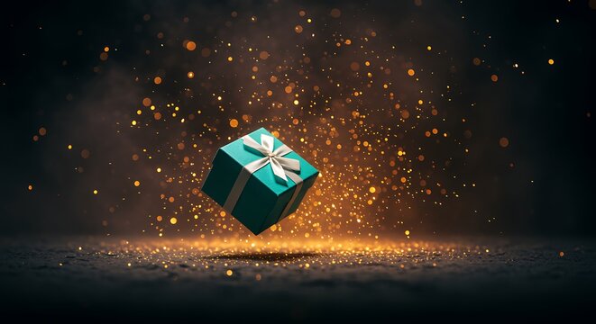 Turquoise gift box floating with golden sparkles and dark background
