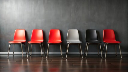 Row of colorful chairs against a textured wall and wooden floor