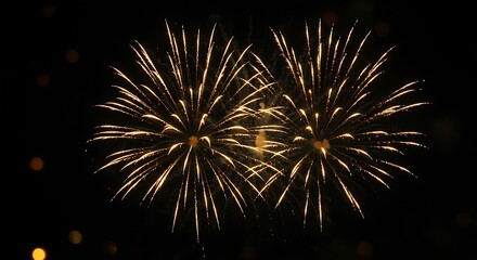 Fototapeta premium Two Golden Fireworks Exploding in the Dark Sky Keywords: fireworks, celebration, night, sky