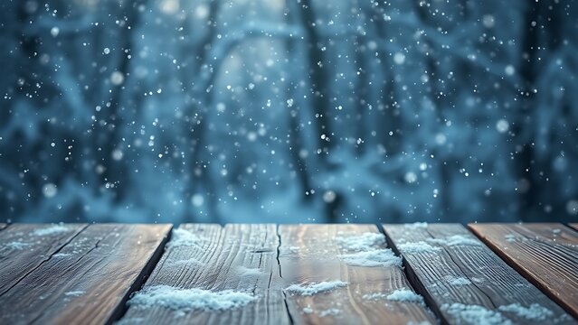 unanimity. Winter wooden surface with gentle snowfall, cold seasonal atmosphere. travel magazines, destination branding, designed for outdoor magazines and nature guides, inspires travel planning.
