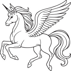Black and white illustration of a winged unicorn with a spiraled horn and flowing mane standing on a line