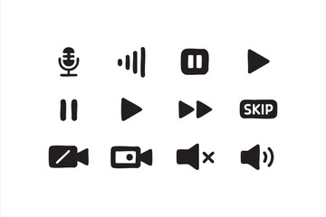 Clean media interface symbols for streaming platforms, UI layouts, and navigation design
