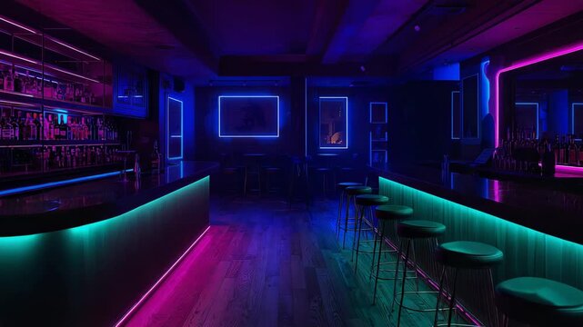 Shifting neon lights casting moving reflections across curved bar counter at lounge, with stools